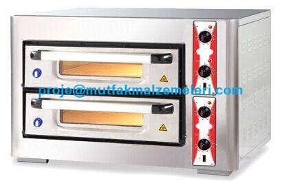 8 pizzalık 2 katlı elektrikli pizza fırını, özel pişirme taşlı taban, aydınlatmalı iç hazne ve paslanmaz çelik gövdeli sanayi tipi profesyonel pizza fırını modeli.