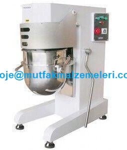 70x96x122 cm ölçülerinde 3 devirli endüstriyel pastane mikseri, 20 litre paslanmaz kazanlı, zaman ayarlı, çırpma teli, karıştırma paleti ve yoğurma baltası ile birlikte profesyonel mutfak ekipmanı.