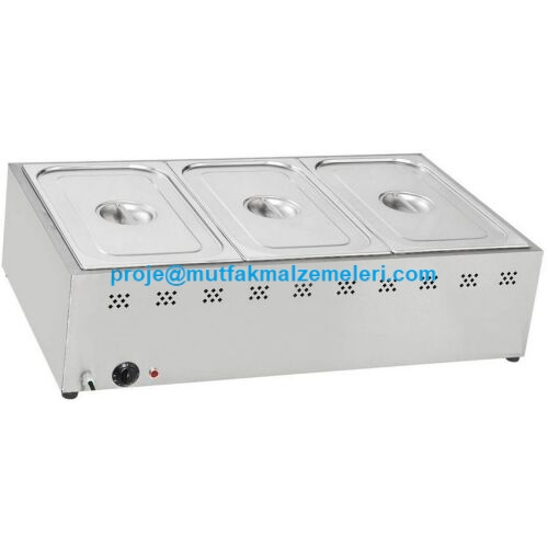 102x57x25 cm ölçülerinde, 3 adet GN 1/1 küvet kapasiteli, paslanmaz çelik gövdeli, termostat kontrollü set üstü elektrikli yemek sıcak tutucu (Bain Marie). Profesyonel mutfaklar için sulu sistem ısıtma özelliğine sahip endüstriyel yemek servis ekipmanı.