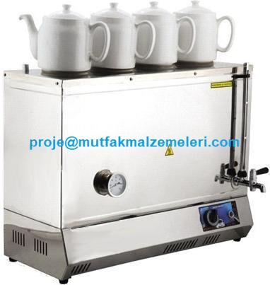 4 Demlikli Çay Kazanı:Elektrikli çaycı ocakları kahveci tipi çay otomatları sanayi tipi çay kazanları kahve pişirme pleytsiz çay pişirme makinalarından dört çay demliği koyma yeri olan bu elektrikli çay kazanıyla sadece lezzetli çay pişirme çay tiryakile