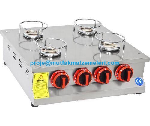 Paslanmaz çelikten üretilmiş, set üstü kullanıma uygun 4 brülörlü profesyonel künefe ocağı. 50x50x18 cm ölçülerinde, gaz kontrol düğmeleri bulunan, kebapçı ve restoran tipi geleneksel künefe pişirme ekipmanı.