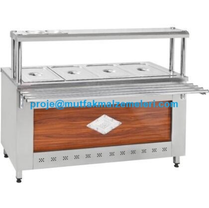 Ahşap desenli 4+1 gastronom küvetli yemek servis tezgahı - Öksürük perdeli ve küver üniteli profesyonel benmari ünitesi #yemekservis #ahsapbenmari #yemekhanetezgahi #sicakservis