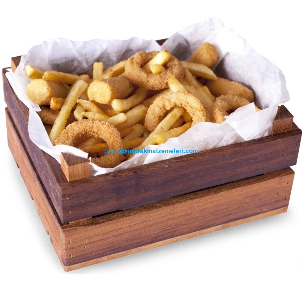 Doğal ahşap tahtadan imal edilen 20x30 cm boyutundaki ahşap sunum kasası, gastro-sunumlar için mükemmel bir alternatiftir. Özellikle patates kızartması, kroket ve kalamar gibi ürünleri müşterilerinize görsel bir şölenle sunmanızı sağlar.