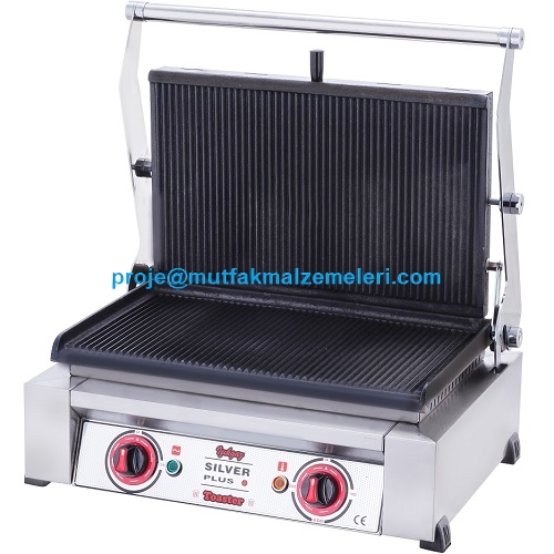 43x44x27 cm ölçülerinde paslanmaz çelik kasa, ekstra büyük döküm pişirme yüzeyi ve 2000W ısıtma gücü. İzole yay sistemli ve dayanıklı çalışma kollu sanayi tipi tost makinesi.