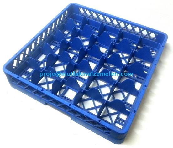 500x510x100 mm boyutlarında, 25 ayrı bölmesi bulunan gri renkli endüstriyel bulaşık makinesi bardak yıkama sepeti görseli. Bardak ayırıcılı, üst üste istiflenebilir dayanıklı polimer yapı. #bulaşıkmakinesisepti #bardakyıkama #endüstriyelmutfak