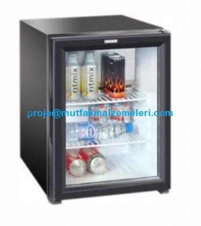 Cam kapaklı, içi LED aydınlatmalı, siyah gövdeli, 40 litre kapasiteli profesyonel absorbe sistem otel tipi sessiz minibar buzdolabı.