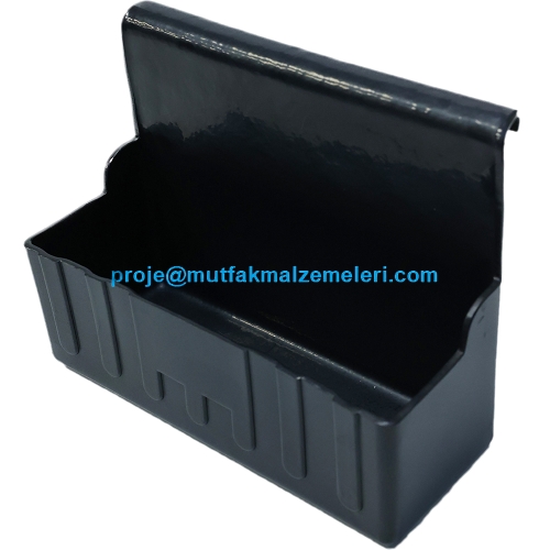 Profesyonel kaşıklık fabrikası üretimi 28x18x36 cm ölçülerinde polietilen servis arabası çatal kaşık bıçak kutusu aparatıdır. Servis arabalarının yan paneline asılarak kirli takımların nizamî toplanmasını sağlar.