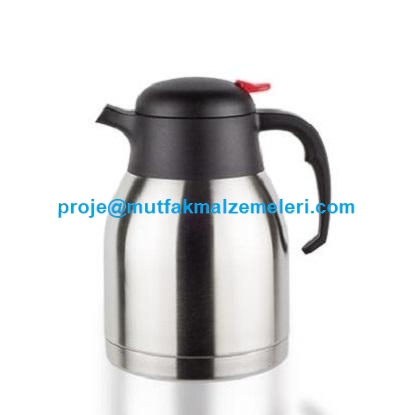 1.5 litre kapasiteli, parlak metalik yüzeyli paslanmaz çelik çay termosu. Siyah ergonomik saplı ve sızdırmaz kapaklı, ısı izolasyonlu profesyonel su ve çay termosu. Piknik ve ofis tipi kullanıma uygun dayanıklı çelik termos tasarımı.