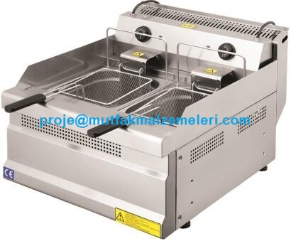 5+5 Litre paslanmaz çelik hazneler, 53x63x30 cm boyutlarında set üstü tasarım. 180°C ayarlı termostat, hareketli rezistanslar ve ayarlanabilir ayaklar. Profesyonel mutfaklar için uzun ömürlü çiftli kızartma ünitesi.