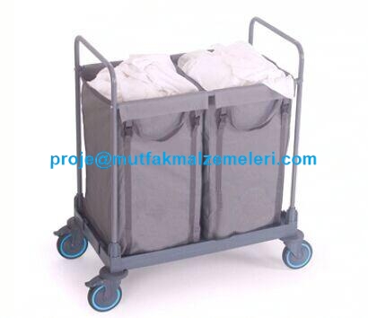 Uluslararası standartlarda üretilmiş, 2x125 litrelik çift torba haznesine ve kapalı estetik kapak bloğuna sahip, alt kısmında çarpmalara dayanıklı dairesel tamponları bulunan gri renkli profesyonel çamaşır toplama arabasının stüdyo çekimi görseli.