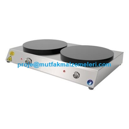 EMK02 Çiftli Elektrikli Krep Ocağı. 82x48x17 cm boyutlarında, 21 kg ağırlığında paslanmaz çelik gövde. 2x1050 Watt bağımsız çift pişirme gözü. Kafeler ve kahvaltı salonları için tasarlanmış yüksek performanslı profesyonel krep pişirme makinesi.