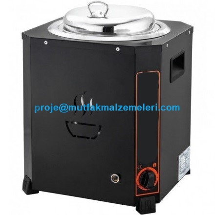9 kg ağırlığında, siyah elektrostatik boyalı dış gövdeye ve paslanmaz çelik iç kazana sahip 9 litrelik profesyonel çorba servis kazanı. Ergonomik kapaklı ve termostat kontrollü endüstriyel mutfak ekipmanı.