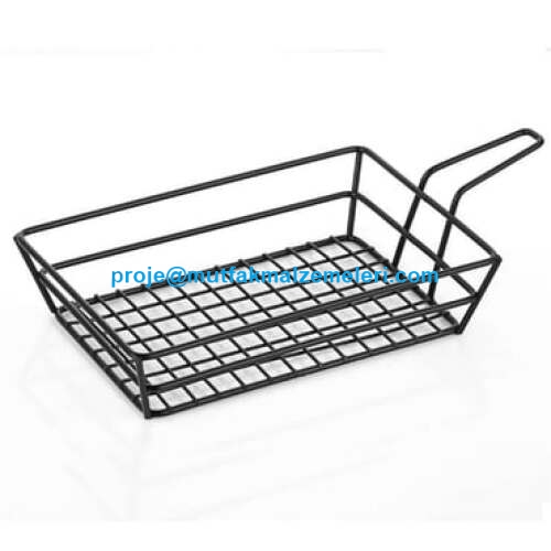 Çelik tel gövdeli, kulplu ve 23x15 cm ölçülerindeki Tel Sunum Sepeti; patates kızartması, hamburger, sandviç ve atıştırmalıkların servisinde kullanılır. El işçiliğiyle üretilmiş, fırın boyalı dekoratif bir sunum ürünüdür.