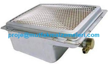 Doğalgazlı döner makinesi radyan taşı görseli. Döner ocağı seramik ısıtıcı peteği. Paslanmaz metal çerçeveli, gazlı döner makineleri için yedek radyan taşı. Endüstriyel döner kebap pişirme ekipmanı parçası teknik resmi.