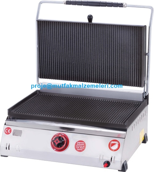40x38x23 cm ölçülerinde doğalgazlı profesyonel tost makinesi, döküm pişirme yüzeyli, 12-16 dilim ekmek kapasiteli, paslanmaz gövdeli sanayi tipi gazlı tost pişirme ünitesi.