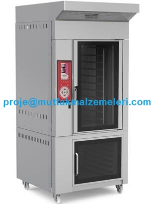 10 tepsili döner konveksiyonlu fırın ve alt mayalandırma kabini; LCD dokunmatik panelli, paslanmaz çelik gövdeli, 26.5 Kw elektrikli, döner sistemli ekmek ve poğaça pişirme fırını.