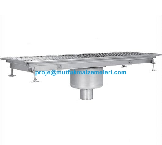20x75 cm ölçülerinde paslanmaz krom çelik endüstriyel mutfak yer süzgeci ızgarası görseli. Kenardan alttan çıkışlı, pimaş uyumlu, 304 kalite inox gövdesiyle restoran ve yemekhaneler için uygun yüksek performanslı zemin tahliye kanalı ünitesi.