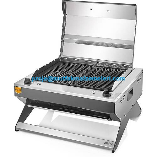 Paslanmaz çelik kapaklı ve ayaklı, 50x40 cm döküm pişirme yüzeyine sahip, 3400W profesyonel elektrikli barbekü.