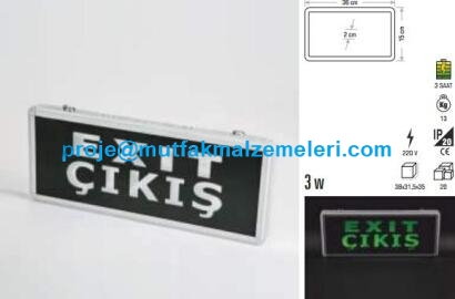 Yeşil zemin üzerine beyaz "EXIT" yazılı ve yön okuna sahip ışıklı acil çıkış lambası. 3 Watt gücünde, alüminyum gövde yapılı, elektrik kesildiğinde yanan şarjlı acil yönlendirme tabelası ve güvenlik aydınlatma armatürü.