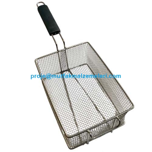 29,5x21x12 cm boyutlarında kalaylı tel fritöz sepeti, ısıya dayanıklı tutma saplı, endüstriyel patates kızartma makineleri için uygun metal süzgeç modeli.