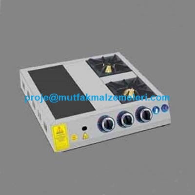 60x60x14 cm boyutlarında, paslanmaz çelikten imal edilmiş profesyonel gazlı İskender ocağı. 25,75 kW ısıl kapasiteli, ergonomik tasarımlı, 13 kg ağırlığında ve 21 mbar çalışma basıncına sahip endüstriyel tip pişirme ünitesi.