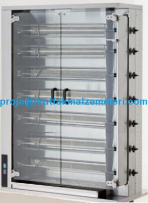 115x47,2x154,5 cm boyutlarında gazlı tavuk çevirme makinesi; çoklu şiş sistemli, 35 adet piliç kapasiteli, paslanmaz gövdeli endüstriyel tavuk pişirme ve kızartma ünitesi.