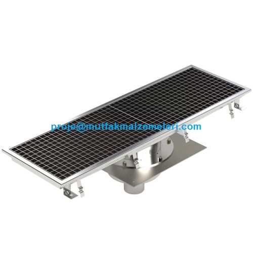 İmalatçısından 300x2068 mm ölçülerinde izolasyon flanşlı paslanmaz çelik drenaj kanalı görseli. Ortadan alttan çıkışlı, petek ızgaralı, ankraj parçalı ve koku sızdırmaz sifon sistemli profesyonel endüstriyel mutfak ve çamaşırhane yer gideri ünitesi.
