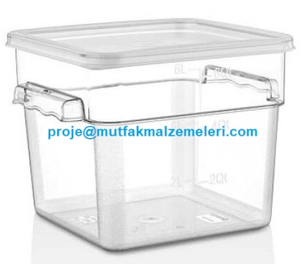 22x22x19 cm boyutlarında şeffaf polikarbon kapaklı saklama kutusu, polipropilen kapaklı, meyve ve sebze saklamaya uygun, endüstriyel mutfak tipi kırılmaz ve istiflenebilir plastik muhafaza kabı.