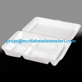 5 gözlü kapaklı köpük tabldot tabağı; ana yemek, pilav, salata, garnitür ve benzeri yiyeceklerin ayrı bölümlerde servisinde kullanılabilir. Toplu yemek ve catering hizmetleri için uygundur. 1000 adetlik paket halinde satılır.
