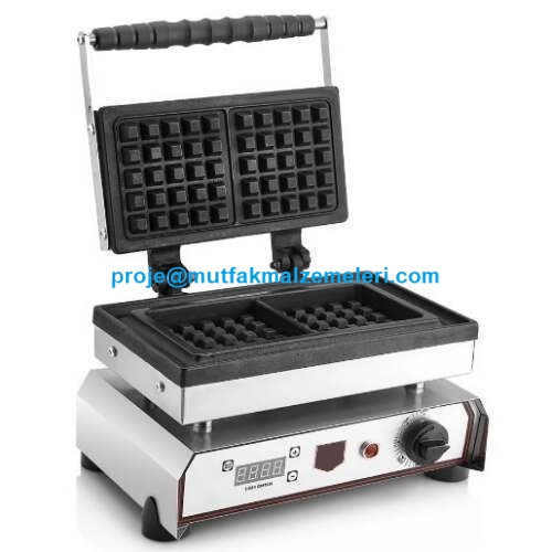 Kare desenli teflon kaplama döküm pişirme plakalarına sahip, ön panelinde dijital zamanlayıcı ve termostat düğmesi bulunan paslanmaz çelik kasalı profesyonel waffle makinesi. 37 cm genişliğinde, ergonomik kulplu endüstriyel mutfak tipi waffle cihazı.