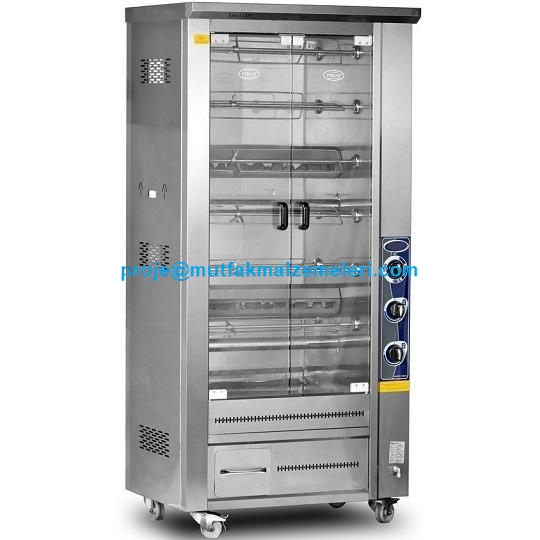 105x58x190 cm ölçülerinde, 152 kg ağırlığında sanayi tipi kızarmış piliç makinası imalatı. Boru brülörlü ısıtıcı sistemi ve 230V-40W motor gücü ile yüksek performanslı tavuk pişirme.