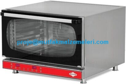 800x845x560 mm ölçülerinde, 4 adet 40x60 cm tepsi kapasiteli paslanmaz çelik konveksiyonlu fırın. Dijital göstergeli sıcaklık ve zaman ayarı, çift yönlü fan sistemi ve üstten açılır temperli cam kapaklı profesyonel pastane tipi pişirme fırını.