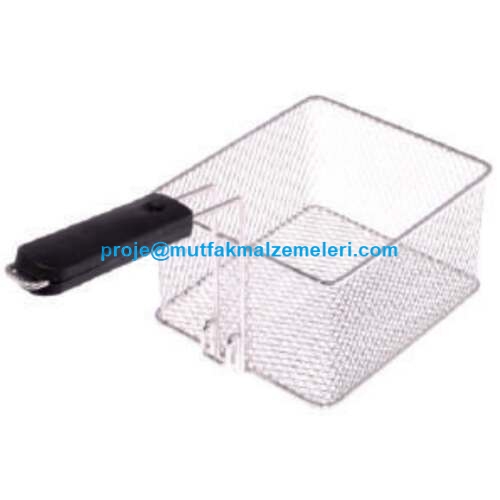 33x30x12 cm boyutlarında, yüksek kaliteli paslanmaz krom telden örülmüş, ısıya dayanıklı tutma sapı ve arkasında asma kancası bulunan, endüstriyel fritözler için uygun 12 litrelik profesyonel inox fritöz kızartma sepeti ve süzgeci.