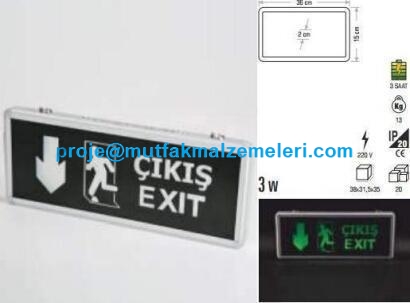 Ledli Exit Lambası:Exit tabelalarından olan bu ledli exit lambası fabrika okul rezidans alışveriş merkezleri kapalı otoparklarda vb. yerlerde kullanılır.Bu exit lambası 3 Watt gücünde 220 V ile çalışır 3 saat şarj ömrü vardır - Ledli exit lambası satışı 