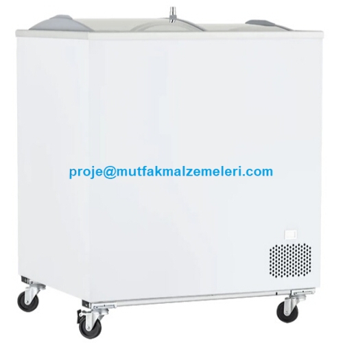 Sürme cam kapaklı market tipi derin dondurucu: 71,9x62,9x89,2 cm ölçülerinde, 149L net hacimli, kilitli, tekerlekli ve su tahliyeli profesyonel dondurulmuş gıda teşhir dolabı. #DerinDondurucu #MarketEkipmanı