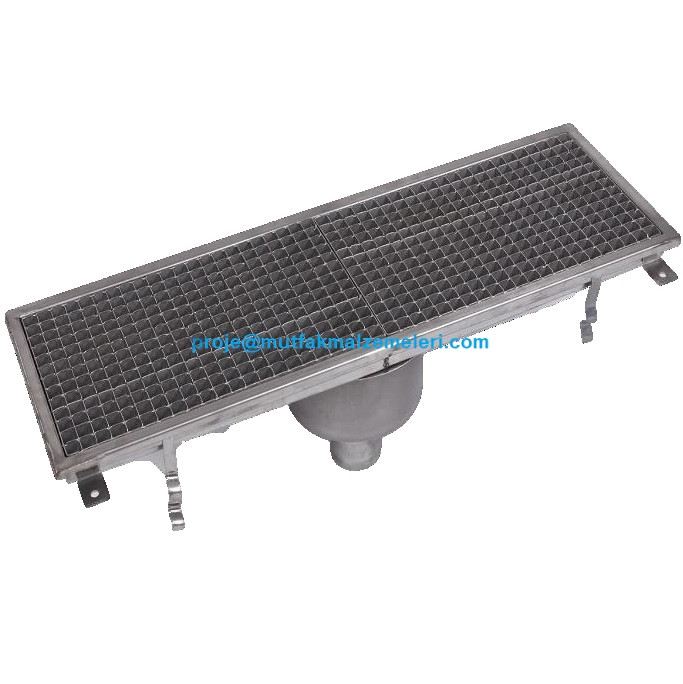 Mezbaha ve gıda tesisleri için üretilen 400x1805x145 mm paslanmaz çelik su tahliye ızgarası; tavalı yapısı, sifon düzeni ve eğimli alt gideri sayesinde zemin suyunu hızla tahliye eder. Paslanmaz krom kalitesiyle uzun ömürlü ve hijyenik kullanım sunar.