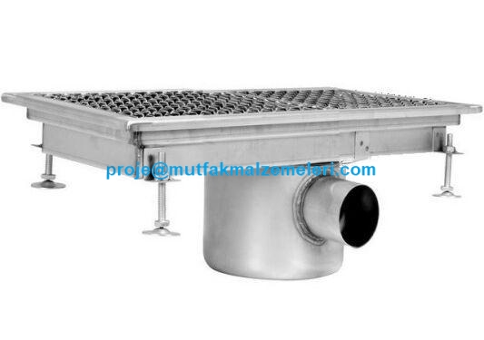 400x300 mm dış ölçülerinde, 200x200 mm sifon havuzlu, orta yandan çıkışlı, AISI 304 paslanmaz çelik petek ızgaralı sanayi tipi mutfak yer gideri ve drenaj kanalı.