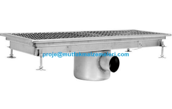 Üreticisinden 30x95 cm boyutlarında, yüksek kaliteli paslanmaz krom çelikten imal edilmiş, üst ızgarası çıkarılabilir, kenar kısmında koku önleyici sifon sistemi bulunan endüstriyel mutfak yer süzgeci ve drenaj kanalı görseli.