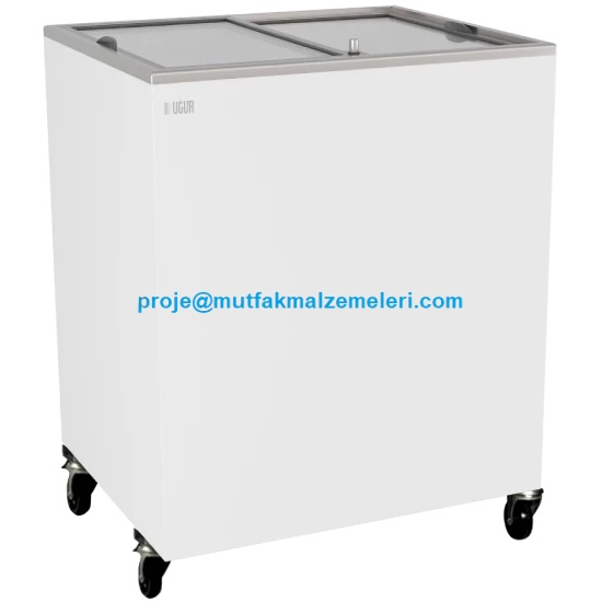 Alüminyum üst çerçeveli, düz sürme cam kapaklı profesyonel paket dondurma teşhir dolabı. 71,9 cm genişliği, kilit sistemi ve güçlü tekerlekleri ile dondurulmuş gıda satış noktaları için ideal, dijital marka uygulamasına uygun derin dondurucu modeli.