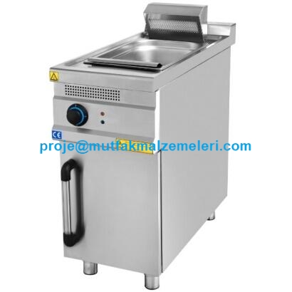Ayaklı patates dinlendirme ve sıcak tutma ünitesi; paslanmaz çelik gövdeli, porselen ısıtıcı lambalı, 40 cm genişliğinde, 220V elektrikli, süzgeçli hazneli profesyonel fast food tipi patates bekletme makinesi.