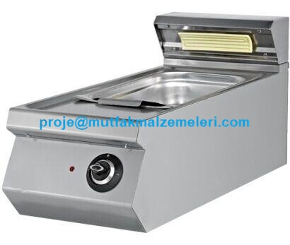 Üstten infrared seramik ısıtıcılı, GN 1/1 küvet kapasiteli, paslanmaz çelik gövdeli profesyonel patates dinlendirme ve yağ süzme ünitesi. 40 cm genişliğinde set üstü kullanıma uygun, ergonomik ve hijyenik endüstriyel mutfak patates sıcak tutucu.