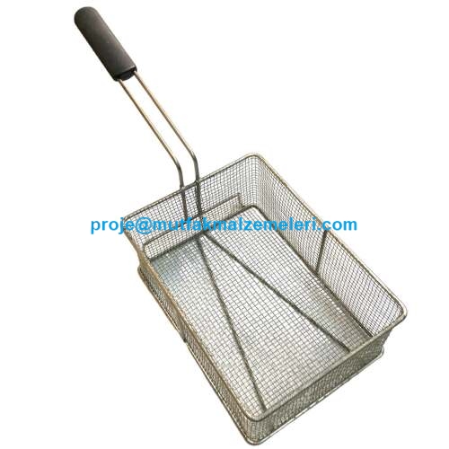 29x21x12 cm boyutlarında, yüksek ısıya dayanıklı paslanmaz telden imal edilmiş endüstriyel patates kızartma sepeti. Ergonomik tutma saplı, derin yağda kızartma yapmaya uygun, sanayi tipi fritözler için profesyonel kızartma teli ve süzgeci modeli.
