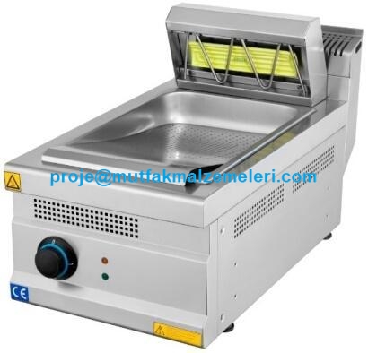 Set üstü patates sıcak tutucu ünitesi; porselen ısıtıcı lambalı, paslanmaz çelik gövdeli, süzgeçli patates bekletme haznesi, 40 cm genişliğinde 220V profesyonel fast food tipi patates dinlendirme ve yağ süzme makinesi.