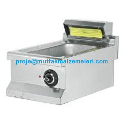 Paslanmaz çelik gövdeli, seramik rezistanslı, delikli gastronorm küvetli set üstü elektrikli patates dinlendirme ve sıcak tutma ünitesi.