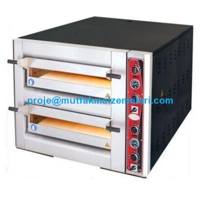 119x72x76 cm dış ölçülere sahip, çift katlı endüstriyel pizza fırını. 12 adet 30 cm pizza kapasiteli, 195 kg ağırlığında, 450 dereceye kadar ayarlanabilen termostatlı ve 12 kW elektrik tüketen profesyonel pişirme ünitesi.