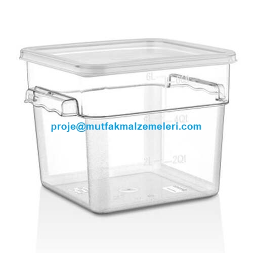 7,6 litrelik polikarbon gıda saklama kabı; 22x22x23 cm ölçülerindedir ve iki yanında taşıma kulpları bulunur. Gıda ile temasa uygundur. Restoran, otel, kafe ve catering mutfaklarında gıdaların düzenli şekilde saklanması için kullanılabilir.