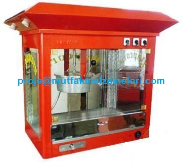 50x80x95 cm boyutlarında kırmızı elektrostatik boyalı pop corn makinesi, paslanmaz krom çelik devrilir tencere sistemi, altı ısıtmalı set üstü profesyonel patlamış mısır makinası.