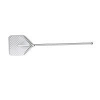 40x153 cm boyutlarında, delikli yüzeye sahip, eloksal kaplamalı özel alaşım alüminyum pizza küreği. Hafif tasarımı ve paslanmaz vidalı bağlantı noktalarıyla profesyonel fırın kullanımı için uygundur. #DelikliPizzaKüreği #AlüminyumKürek