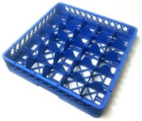 500x510x100 mm boyutlarında, 25 ayrı bölmesi bulunan gri renkli endüstriyel bulaşık makinesi bardak yıkama sepeti görseli. Bardak ayırıcılı, üst üste istiflenebilir dayanıklı polimer yapı. #bulaşıkmakinesisepti #bardakyıkama #endüstriyelmutfak