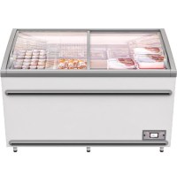 419 litre net hacimli, LED aydınlatmalı ve cam sürgülü market tipi derin dondurucu. R290 çevre dostu gazlı, -18/-23 °C çalışma aralığına sahip profesyonel yatay dondurucu dolabı.